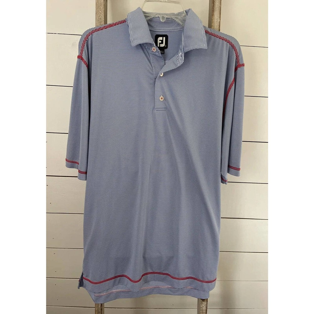 FJ FOOTJOY Men's Blue-White Stripe Lightweight Stretch Golf Polo Shirt Large
